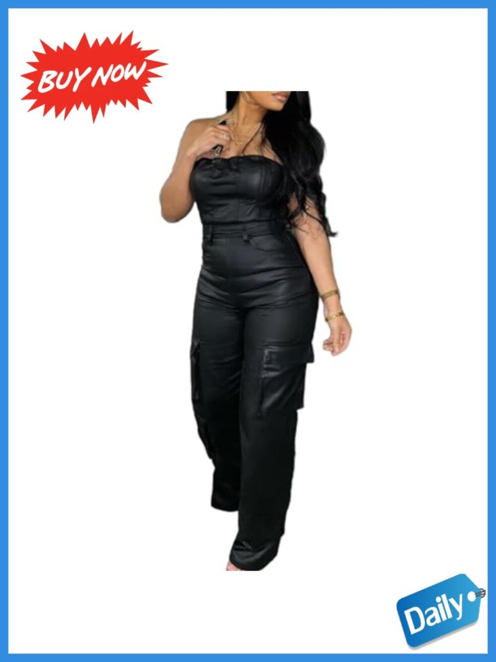 Womens PU Leather Jumpsuit Off Shoulder Cargo Pants Bodysuit Clubwear
